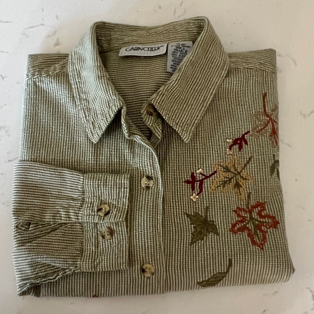Vintage Cabin Creek Embroidered Fall Leaves Green Checkered Button Down Shirt - Picture 11 of 11